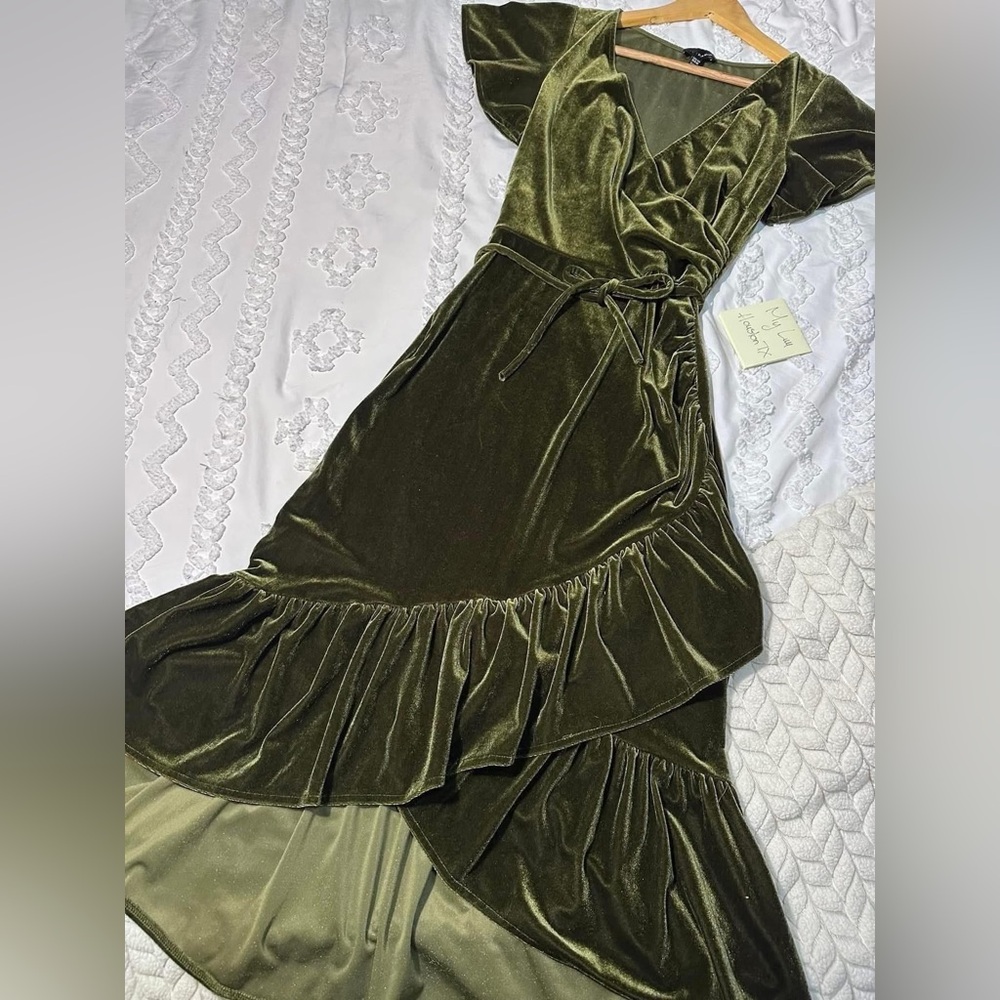 Elegant Olive Green Velvet Wrap Dress